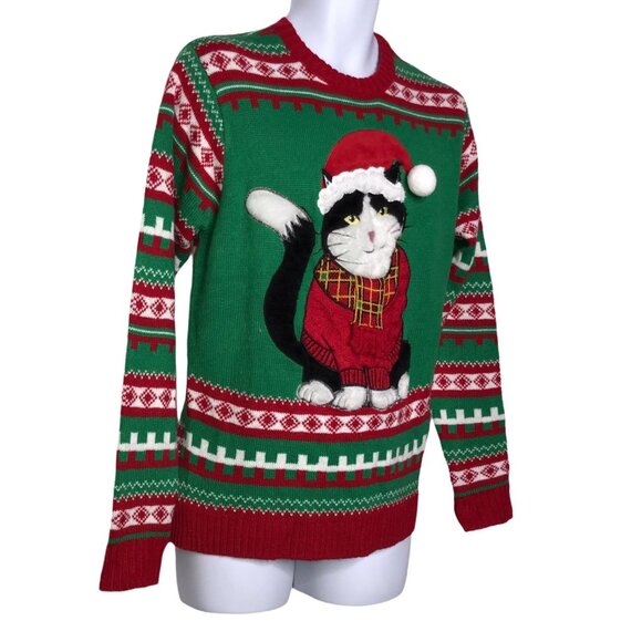 NWT 33 Degrees Santa Claus Cat Sweater Mens L Ugly Pullover Funny Party Striped - Picture 5 of 10